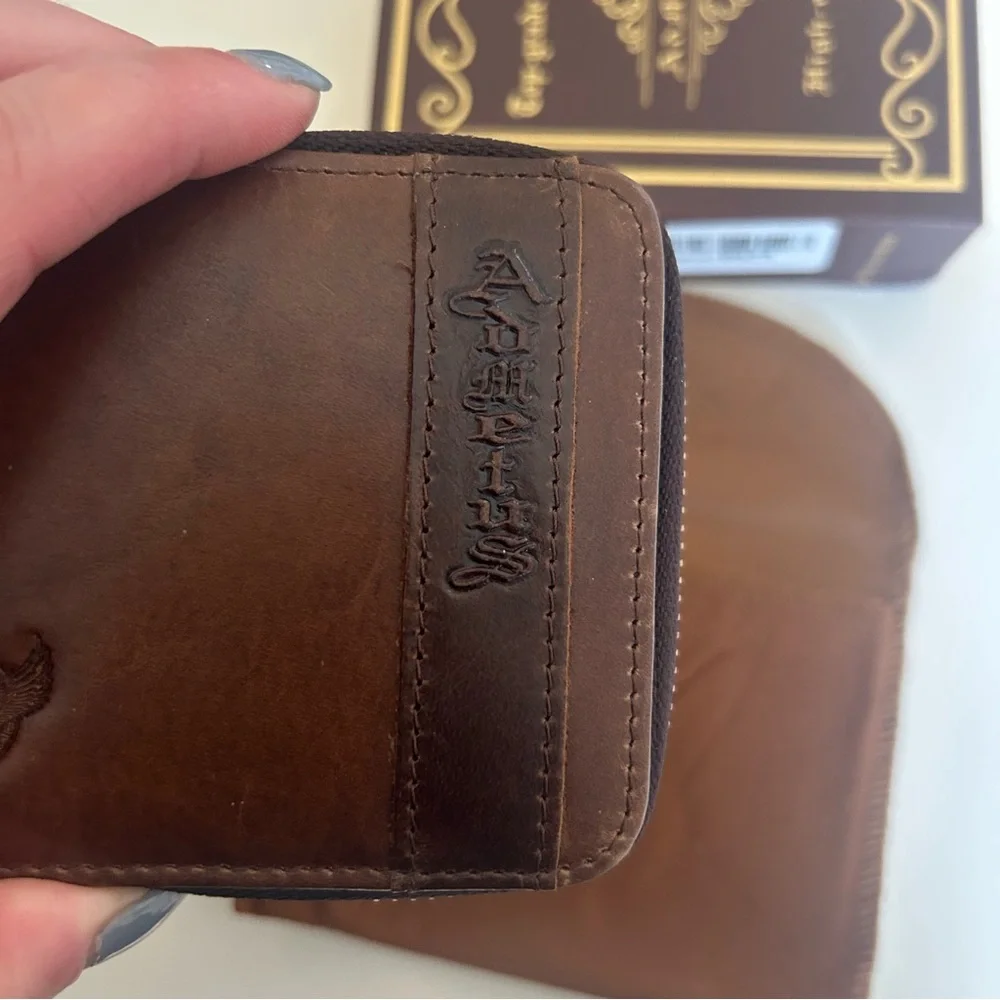 Ad Metus genuine leather RFID blocking bifold zip around men’s wallet dust bag